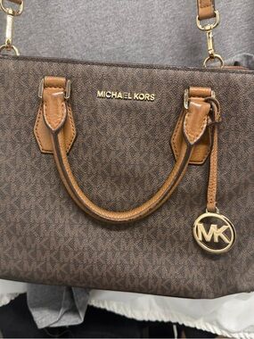 Michael Kors Brown Monogram Satchel with Tan Trim